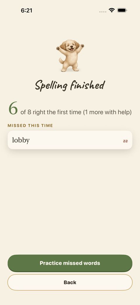 At the end: how many were right the first time, and the words you missed. “Practice missed words” runs them again.