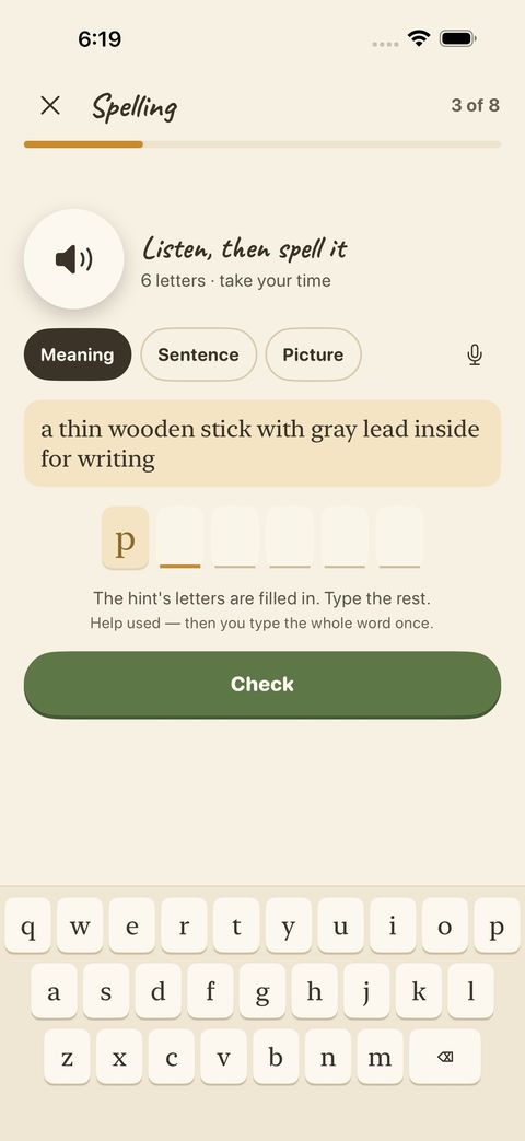 Spelling, with hints