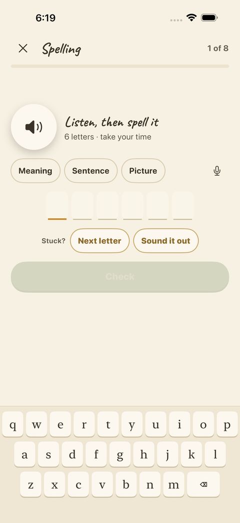 Tap the speaker to hear the word. The chips (Meaning, Sentence, Picture) give a clue when you need one. Type with the keyboard, or tap the microphone and say the letters.