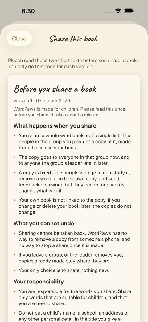 Before sharing a book you read two short pages — what happens when you share, and your responsibility.