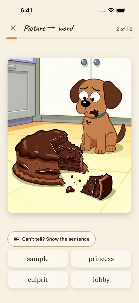 Picture → word: look at the picture and pick its word.