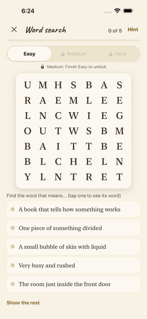 Word search: find the words in the letters, using the meanings as clues. Easy, Medium and Hard open as you go.