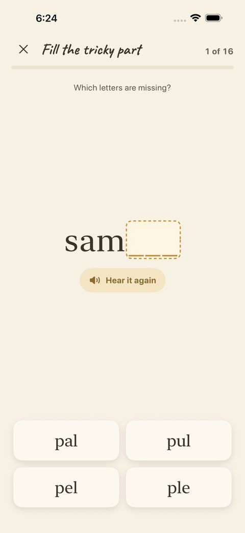 Fill the tricky part: the word is shown with a piece missing — pick the letters that complete it.