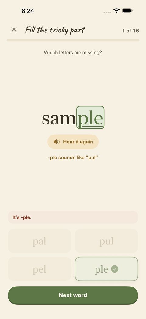 A right pick completes the word, with a note on how the pattern sounds.