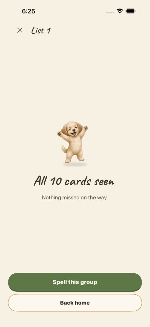 When every card in the run has been seen, you finish with a short summary.