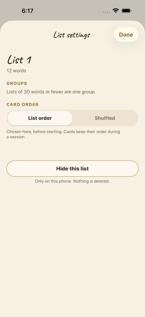 List settings: card order (as written or shuffled), and Hide this list.