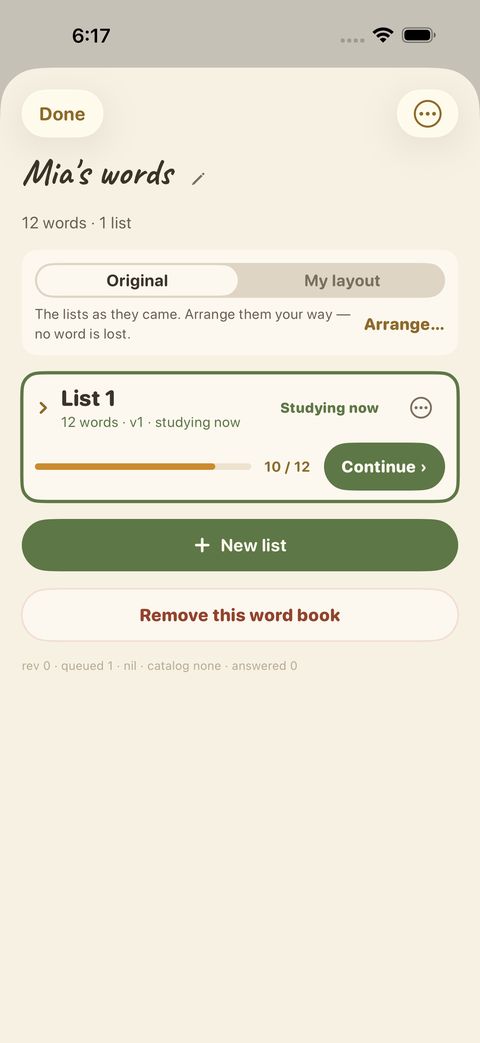 A word book’s page lists its lists. Continue picks up where you stopped; New list adds your own.