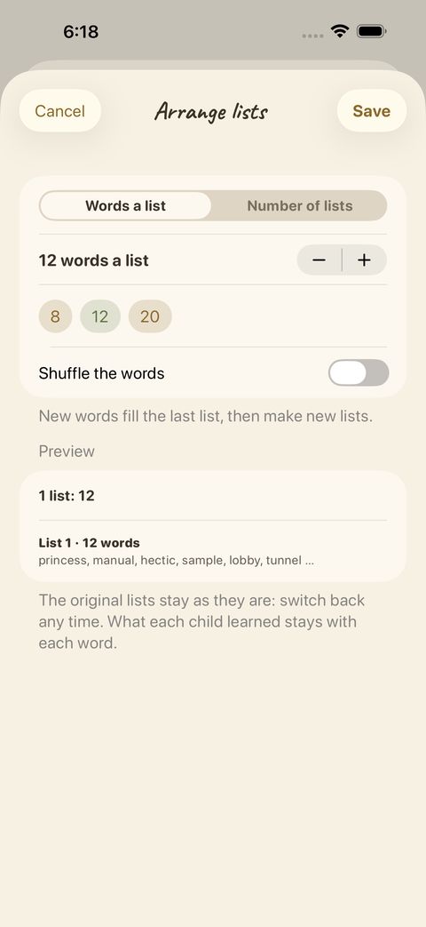 Arrange lists: choose how many words a list holds, shuffle, and preview the result before you save.