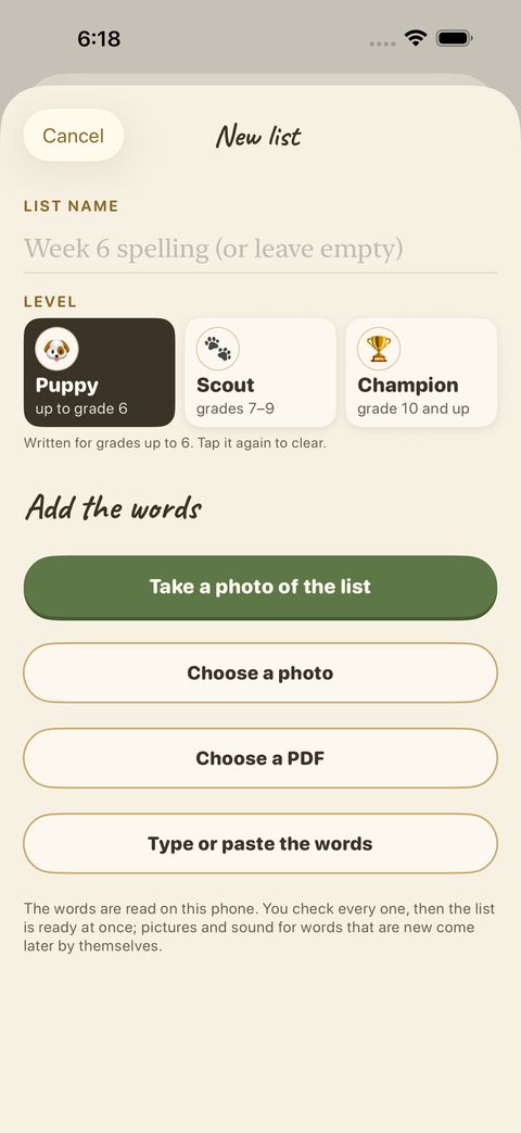 Name the list, choose a level, then add the words: Take a photo of the list, Choose a photo, Choose a PDF, or Type or paste the words.