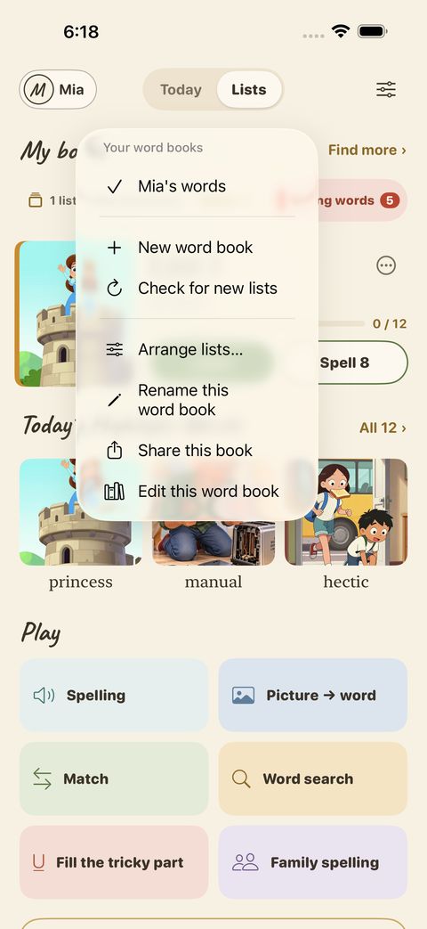 The book menu: switch books, make a New word book, Check for new lists, Arrange lists, Rename, Share this book, or Edit this word book.