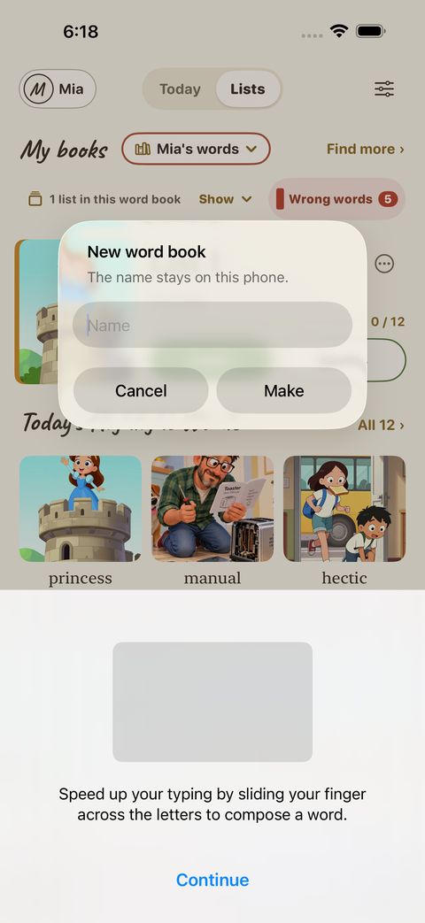 Start with New word book: give it a name that stays on this phone.