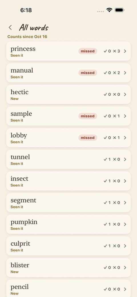 All words: every word in the book with how often you saw it, got it right, and whether it is new or was missed.