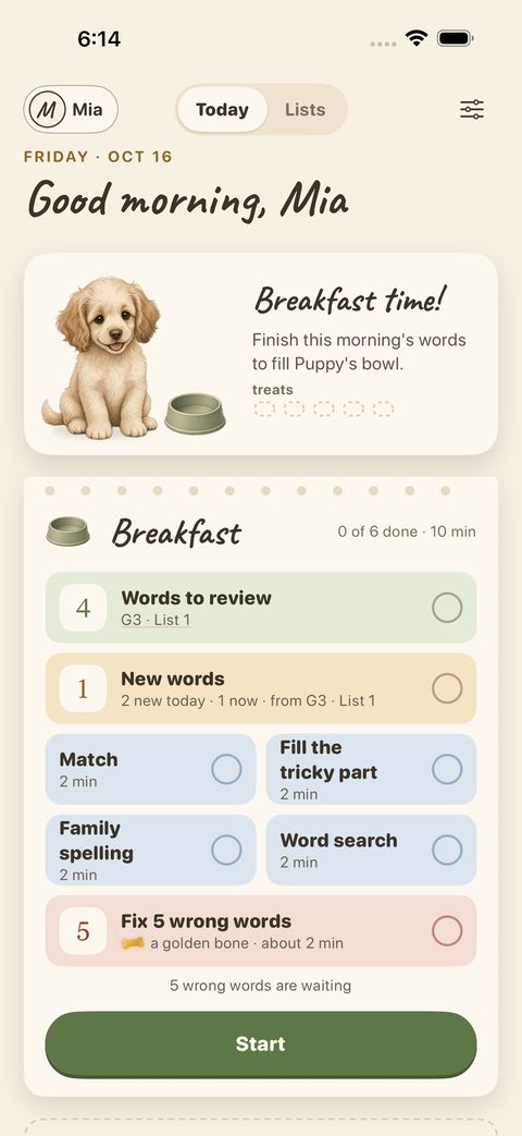 WordPaws Today screen: breakfast, new words, games and a puppy