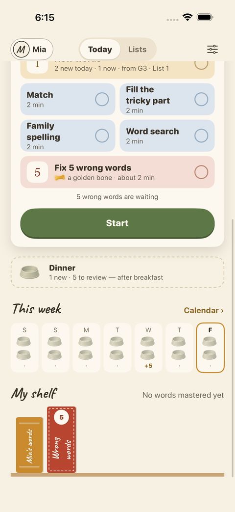 Scroll down for Dinner, the week at a glance, and My shelf — the books this learner is working on, with Wrong words standing at the end.
