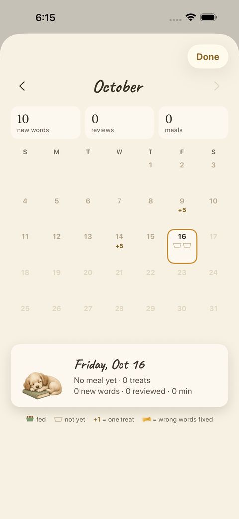 Each day shows new words learned, words reviewed, and meals eaten. Tap a day for details.