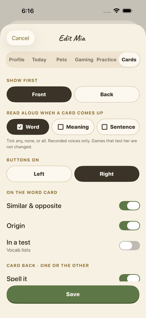 Cards: which side shows first, what is read aloud, button side, and what appears on the word card.