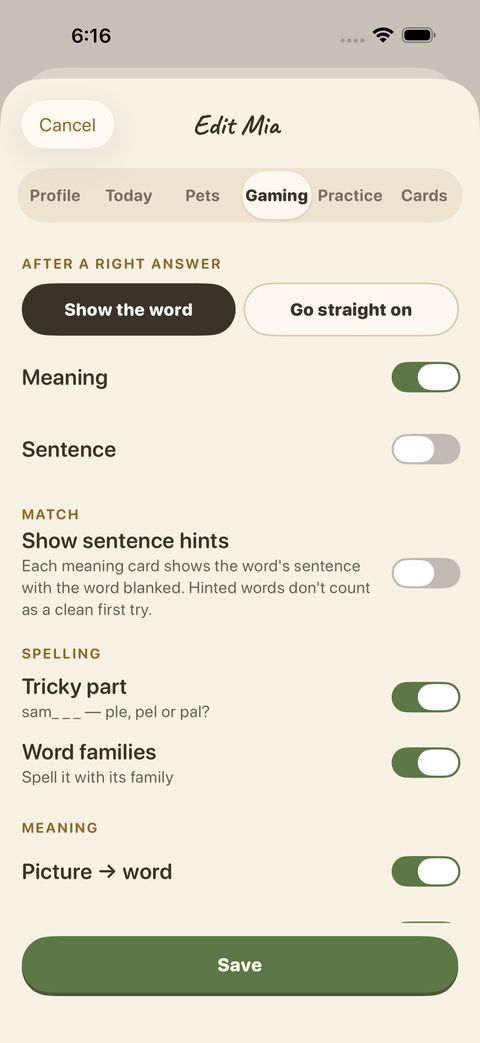 Gaming: what shows after a right answer, sentence hints in Match, Tricky part, Word families and Picture → word.