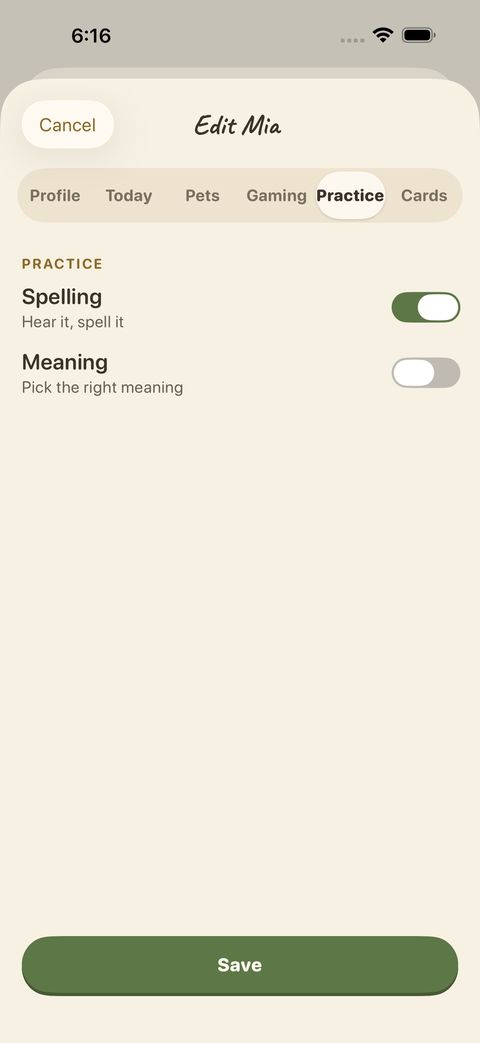 Practice: switch Spelling and Meaning practice on or off.