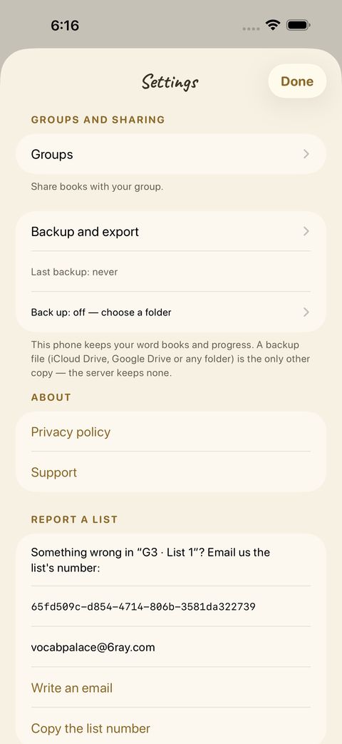 Groups, Backup and export, Privacy policy, Support — and Report a list, if something looks wrong in a book.