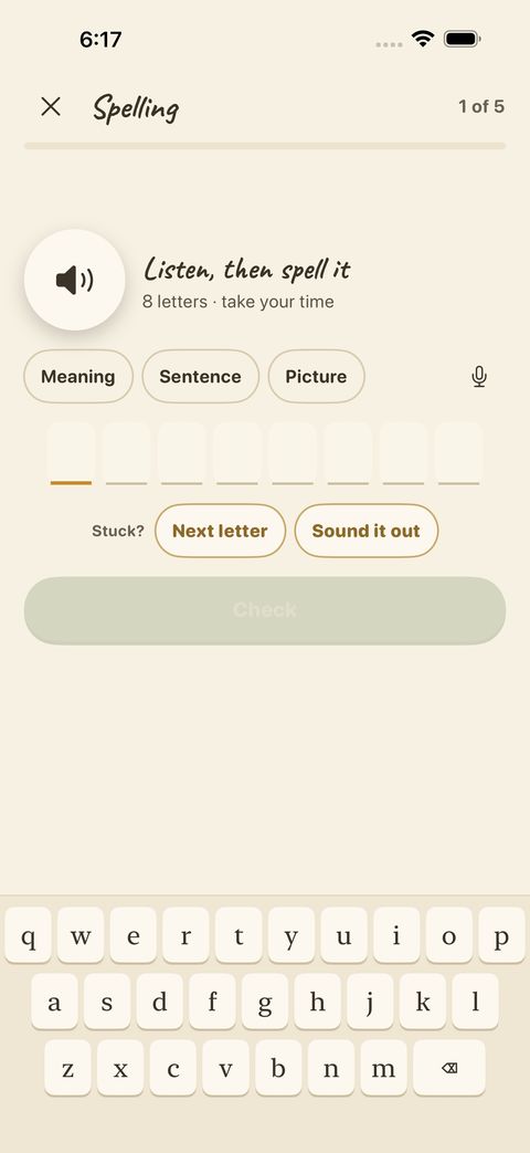 “Fix wrong words” turns your missed words back into short spelling runs. Words come out of Wrong words after you get them right on two different days.
